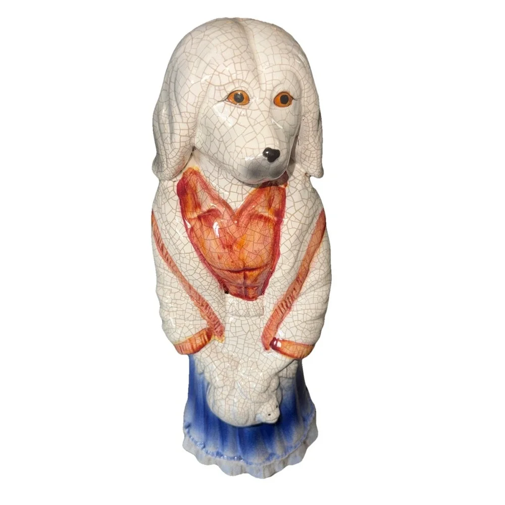 Vintage Crackle Finish Standing Ceramic Dog Statue 14